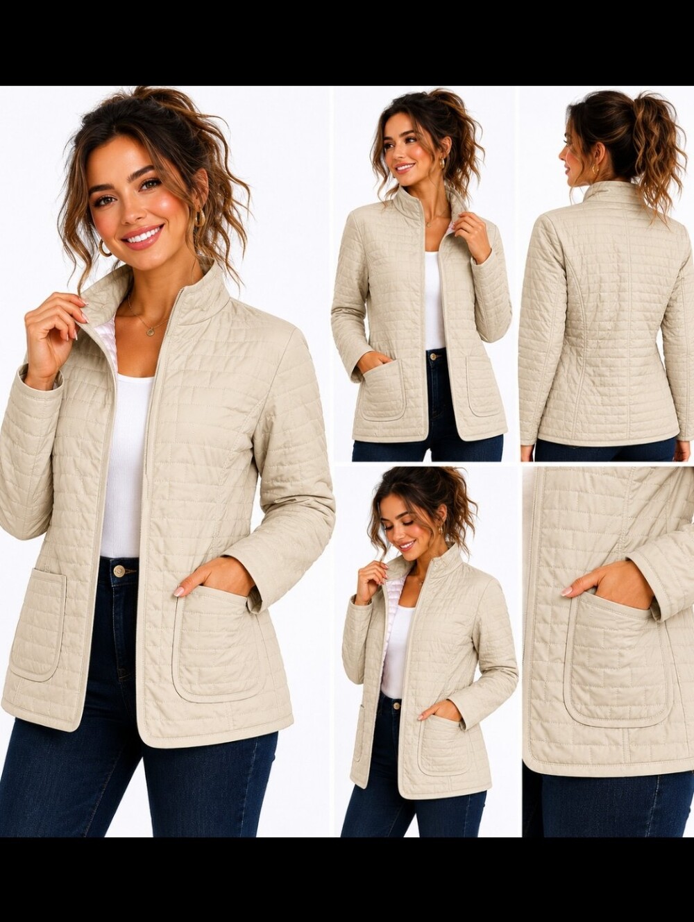 Jones New York Quilted Light Beige Stand-Collar Jacket (Size:6)